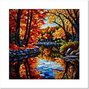 Stained Glass Autumn Scene Posters and Art